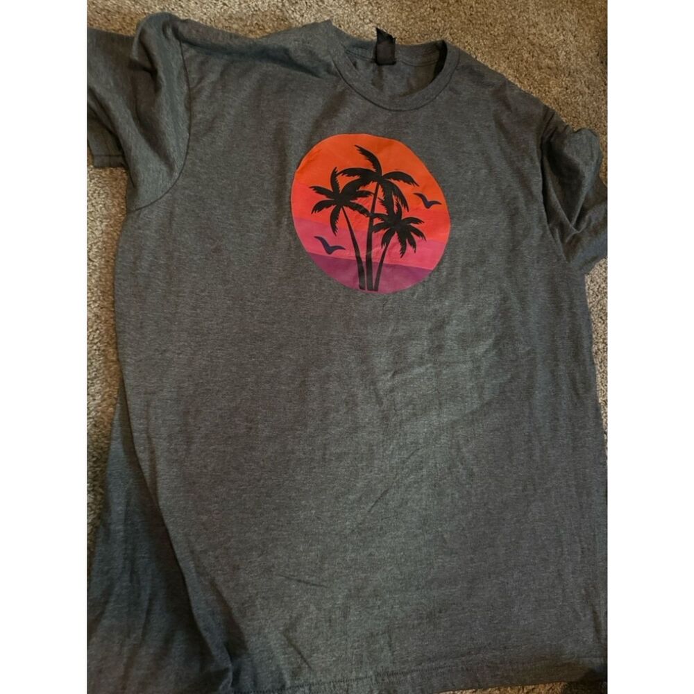 Gray Tee with Orange-Pink Sunset Palm Graphic